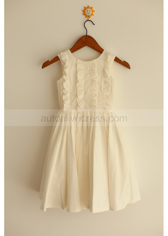 Ivory Cotton Ruffle Decorated Knee Length Flower Girl Dress